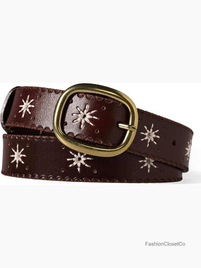 Genuine Leather Belt For Women Cowgirl Embroidered Western Belt With Buckles